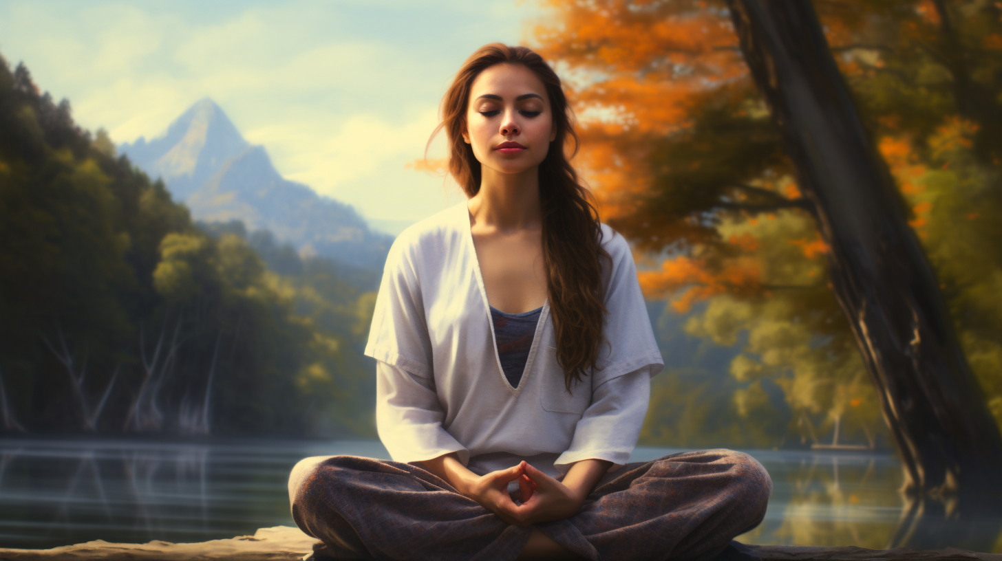 A woman meditating in a lotus position near a lake.