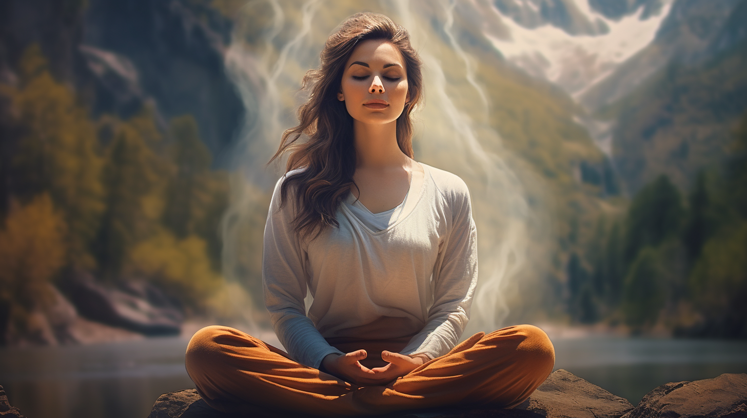 A woman is meditating in a lotus position in front of a mountain.