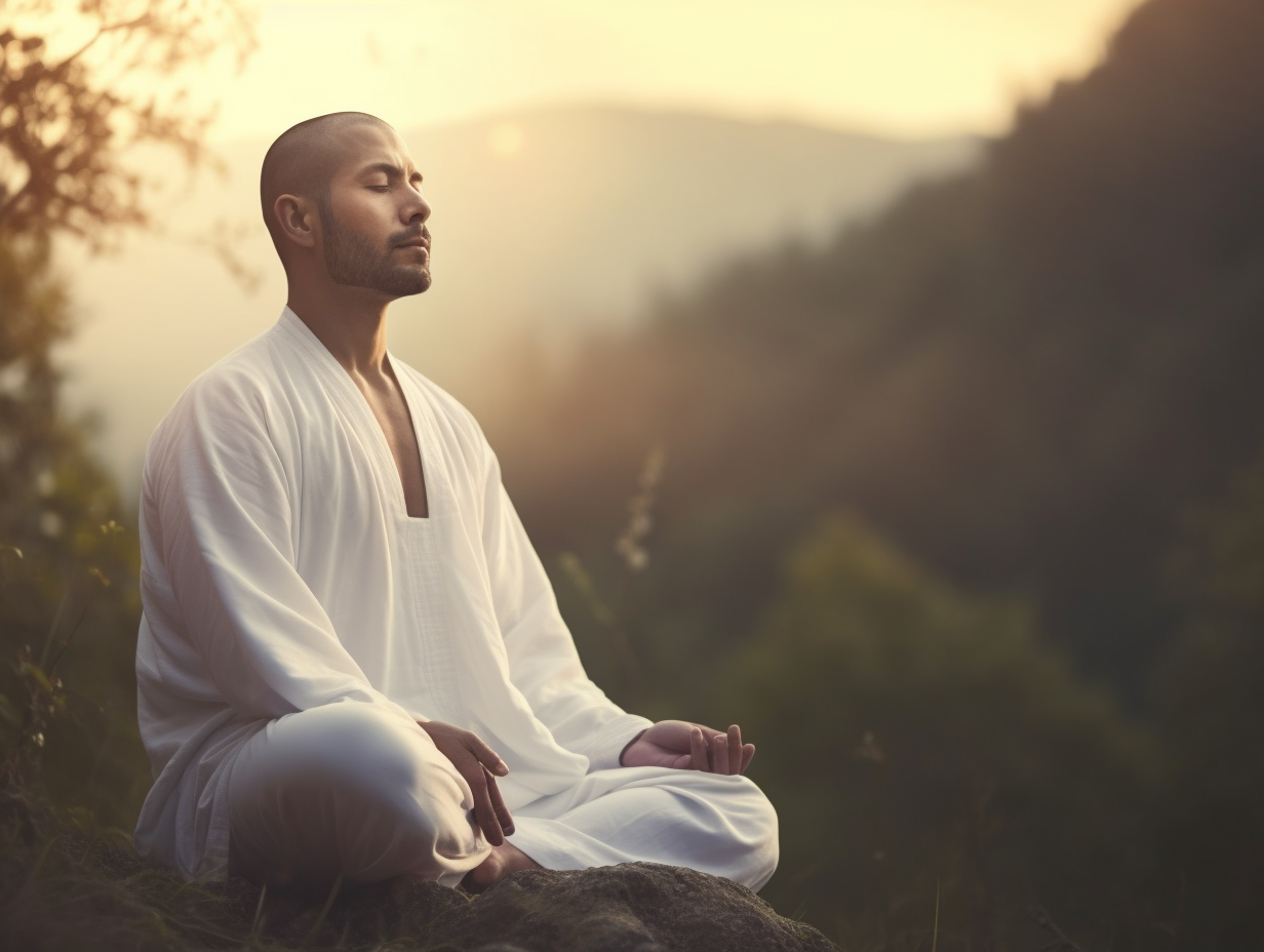 A man is meditating in the mountains.