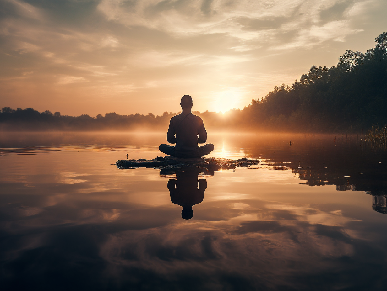 A man is meditating in a lake at sunrise.