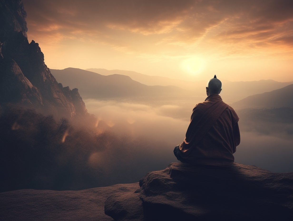 A buddhist monk sitting on top of a mountain at sunset.