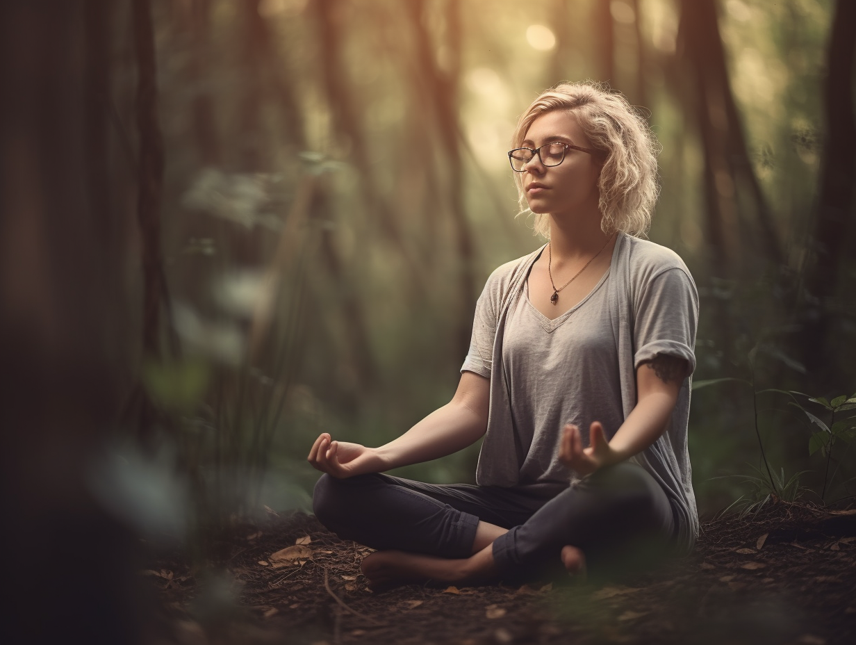 A woman is meditating in the woods.