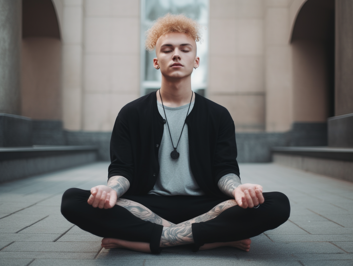A young man meditating in a lotus position.