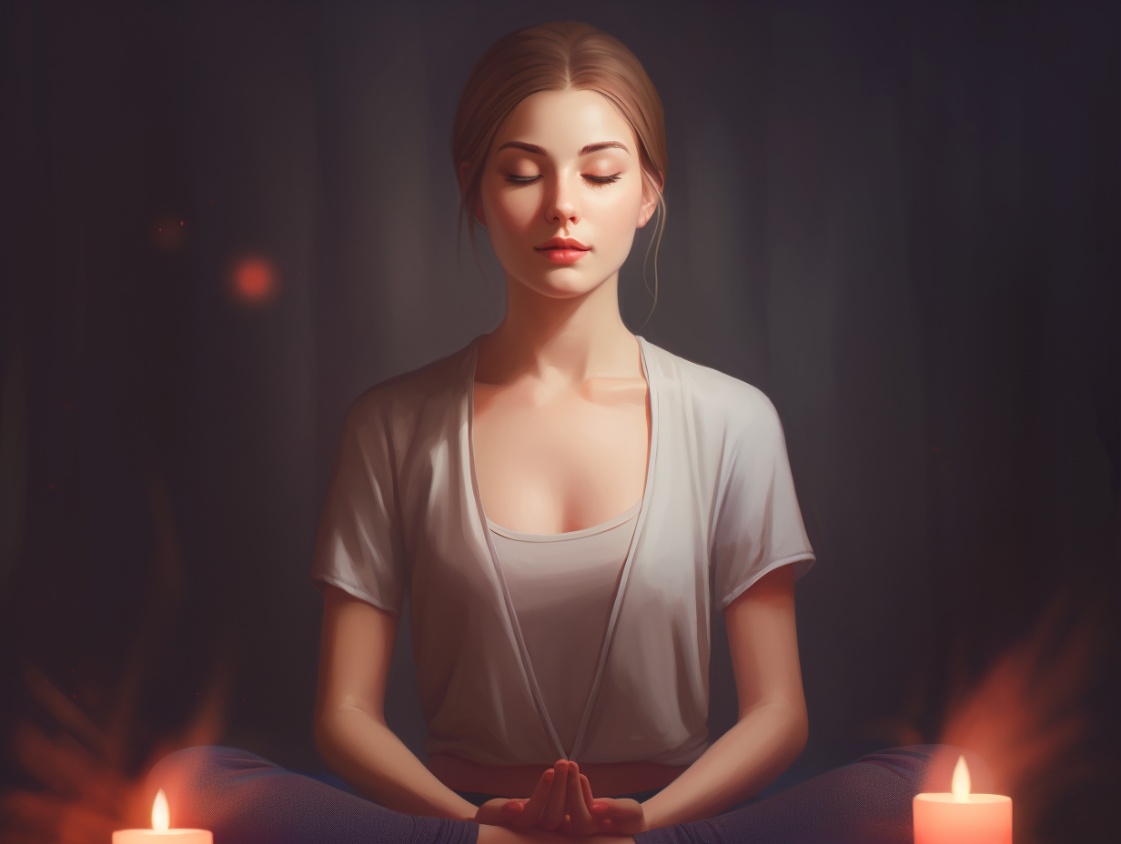 A woman meditating with candles in front of her.