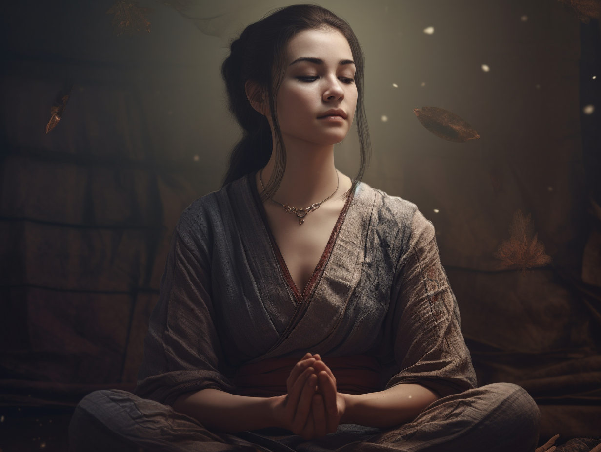 A woman in a kimono is meditating.