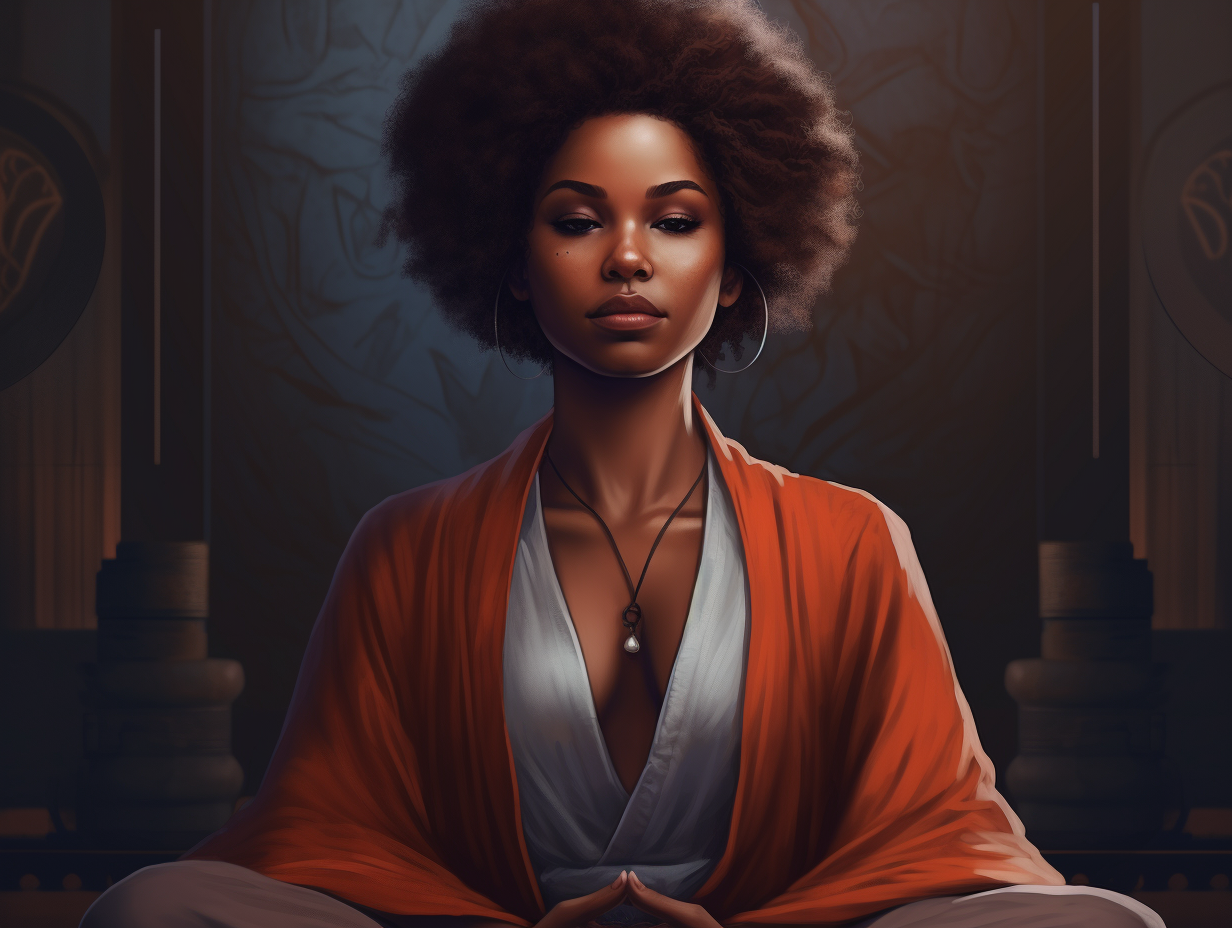 A black woman in an orange robe sitting in meditation for focus.