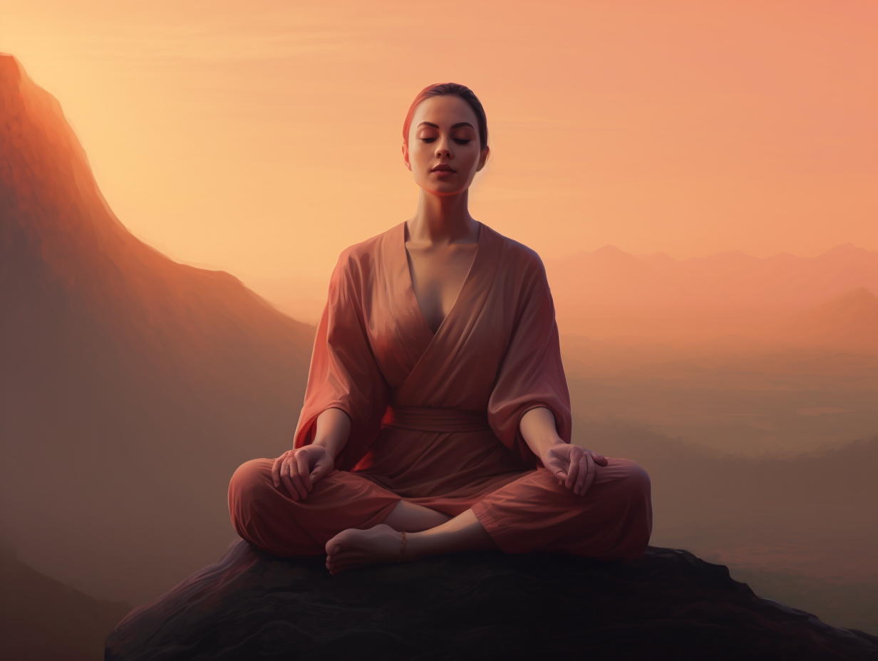 A woman is meditating on top of a mountain.