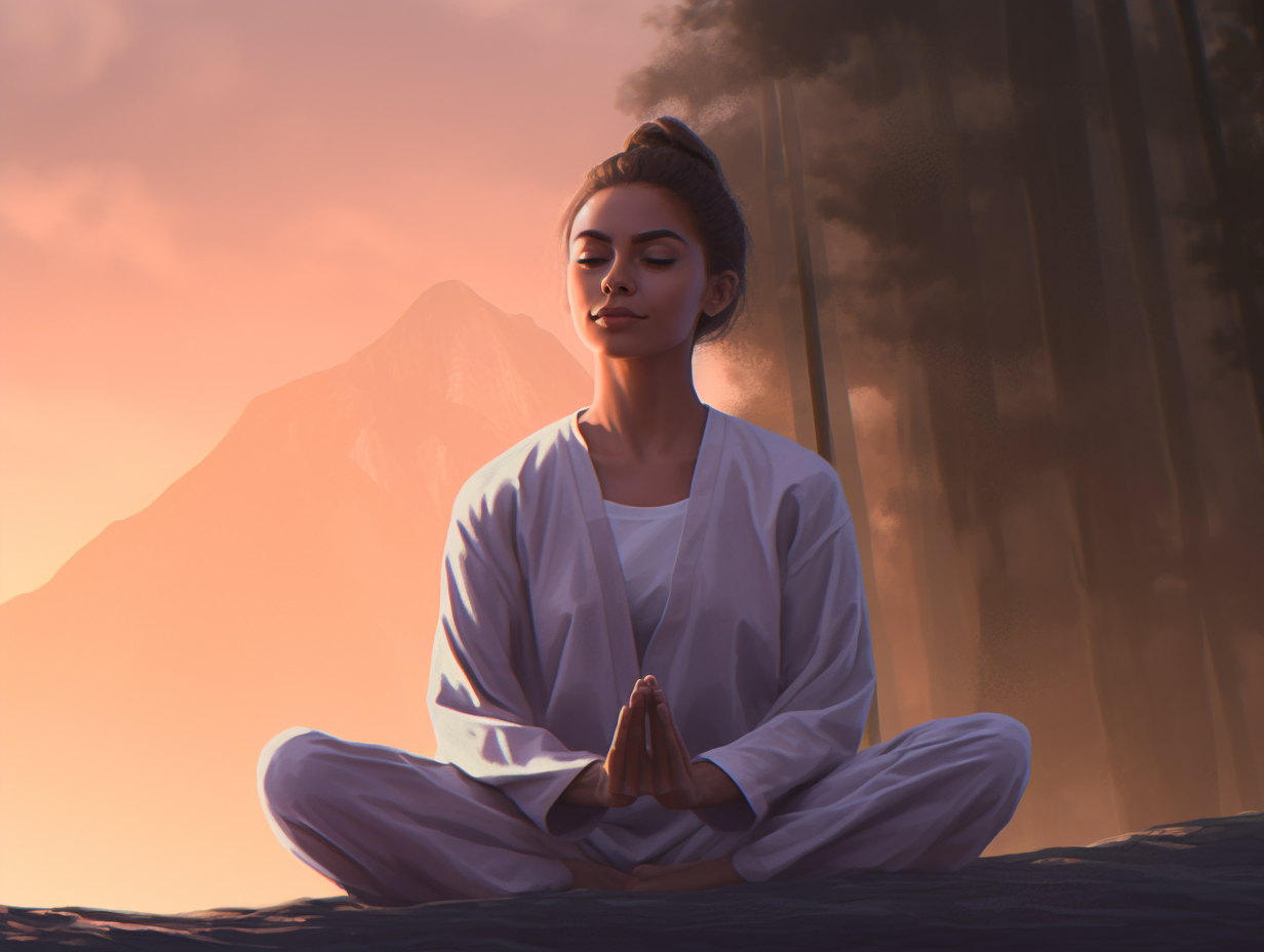 A woman meditating for focus in front of a mountain.