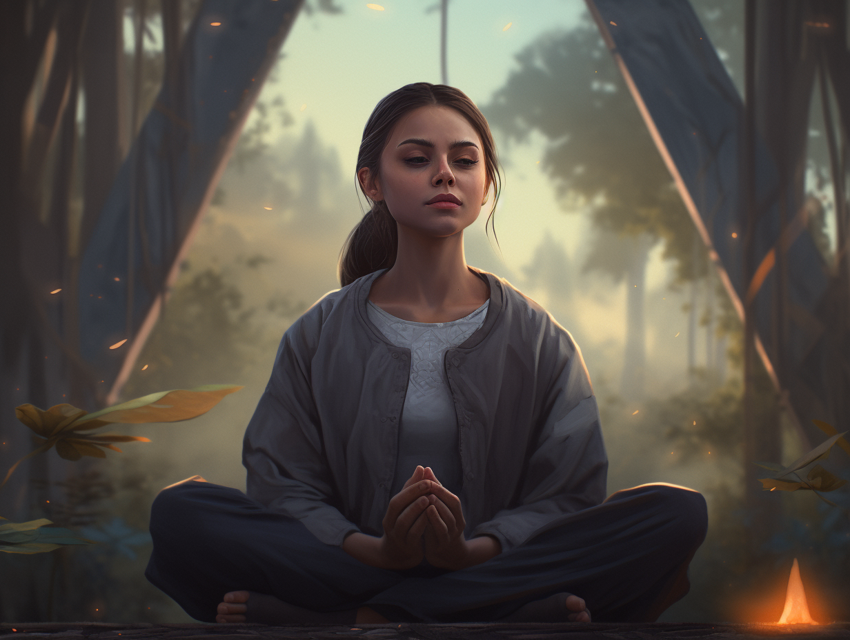 A girl is meditating in a forest.