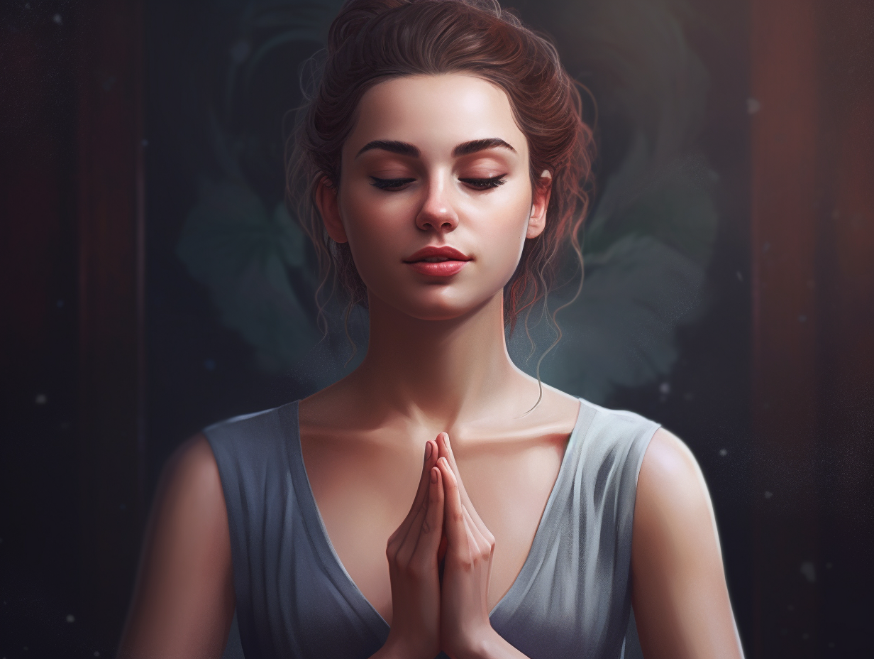 A woman with her hands folded in prayer.