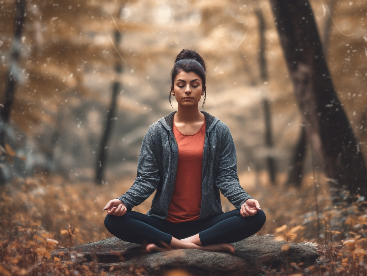 A woman meditating in the woods.