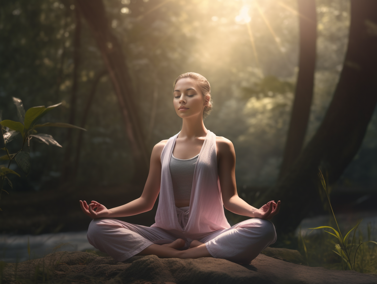A woman meditating in the woods.