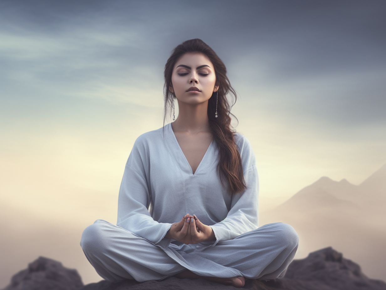 A woman meditating on top of a mountain.