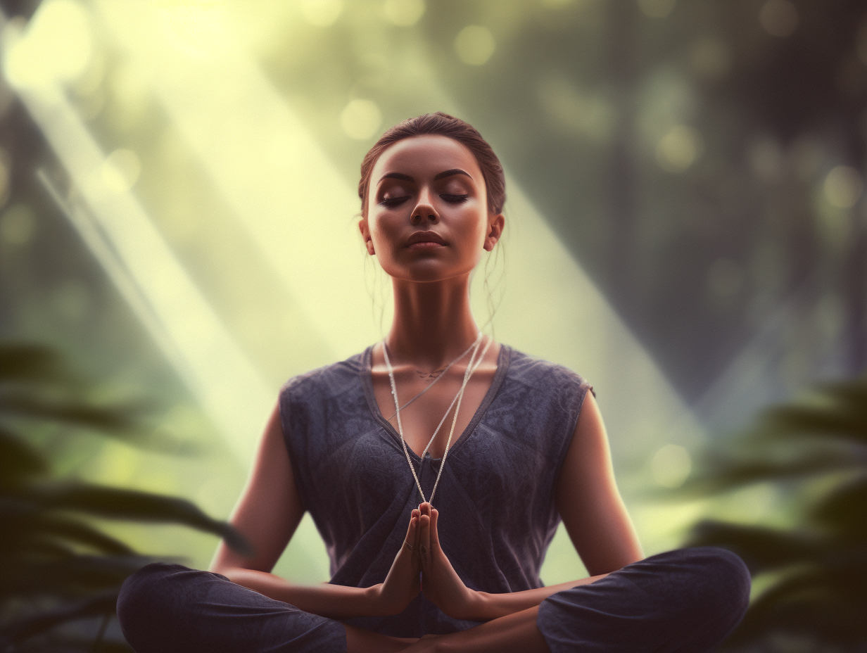 A woman is meditating in the forest.
