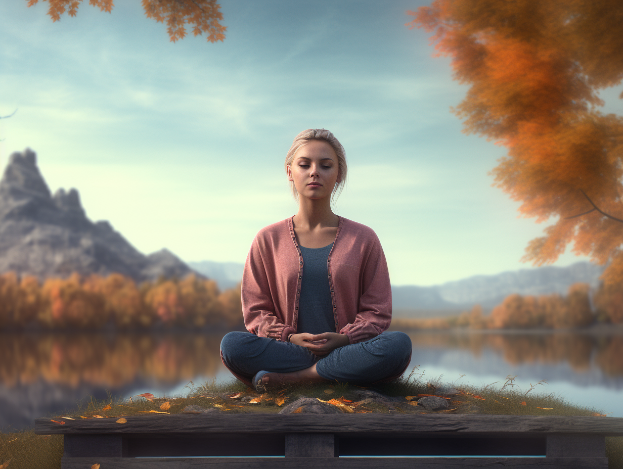 A woman is meditating in front of a lake.