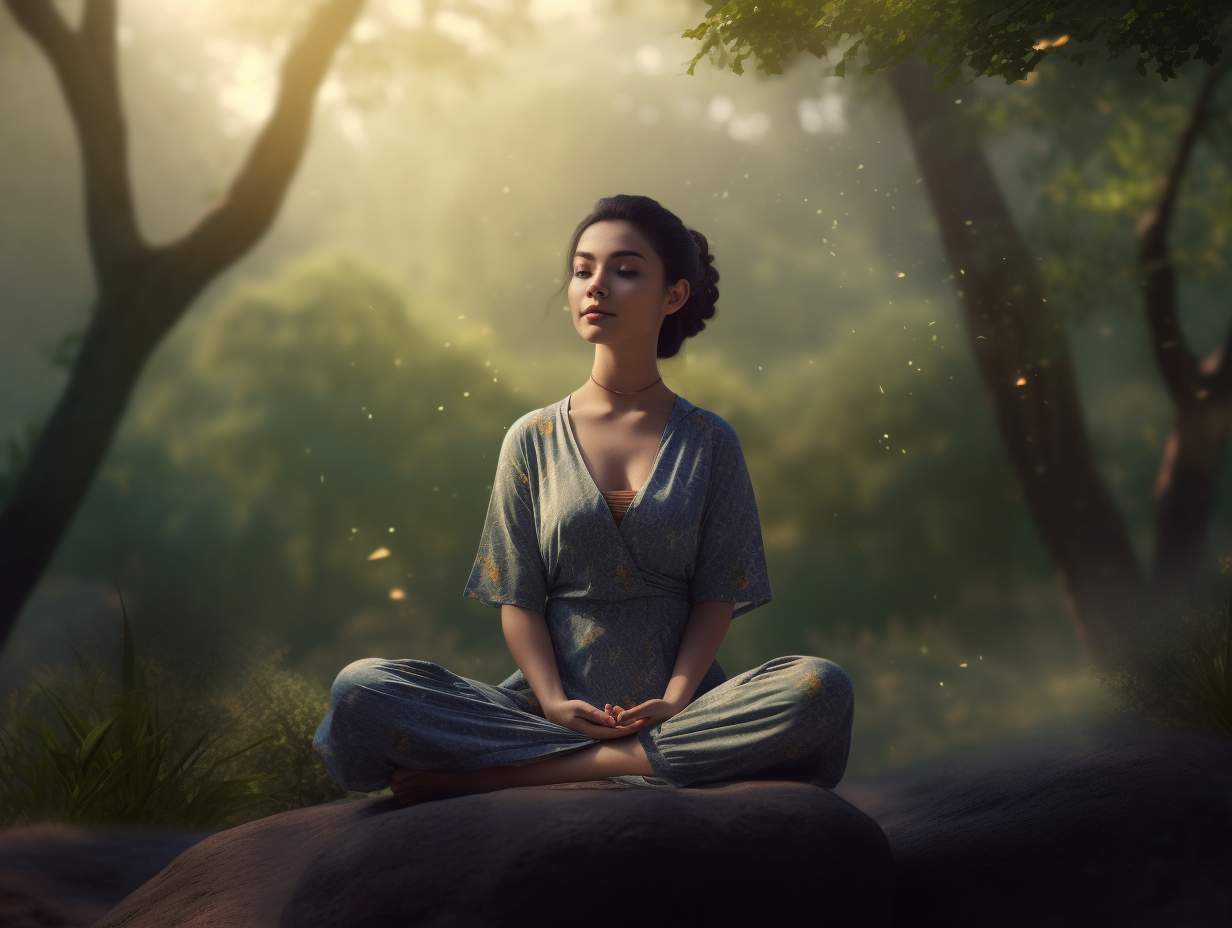 A woman is meditating in the forest.