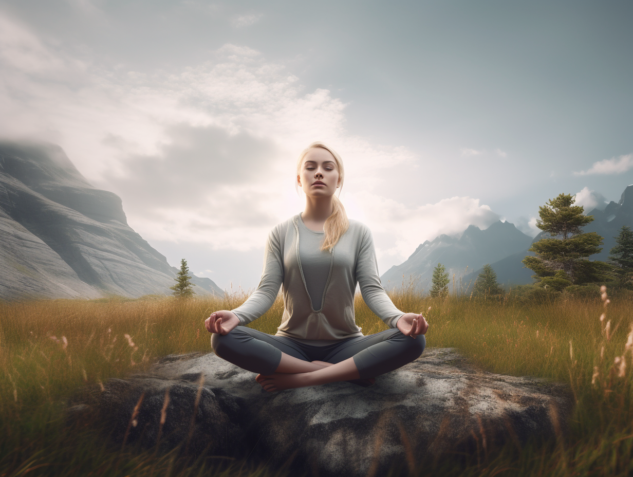 A woman is meditating on a rock in the mountains.