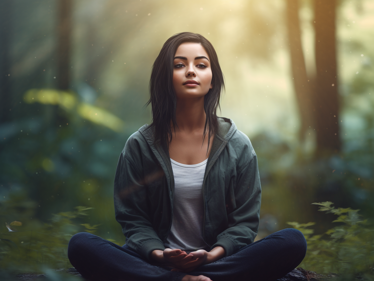 A woman is meditating in the forest.