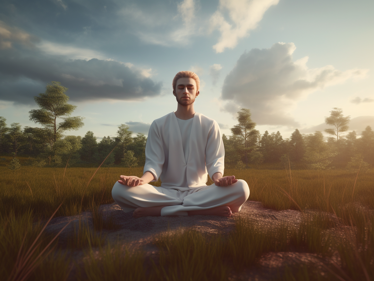 A man is meditating in the middle of a field.