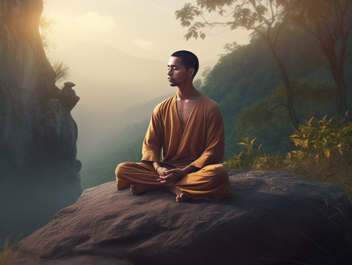 A buddhist monk sitting on top of a mountain.