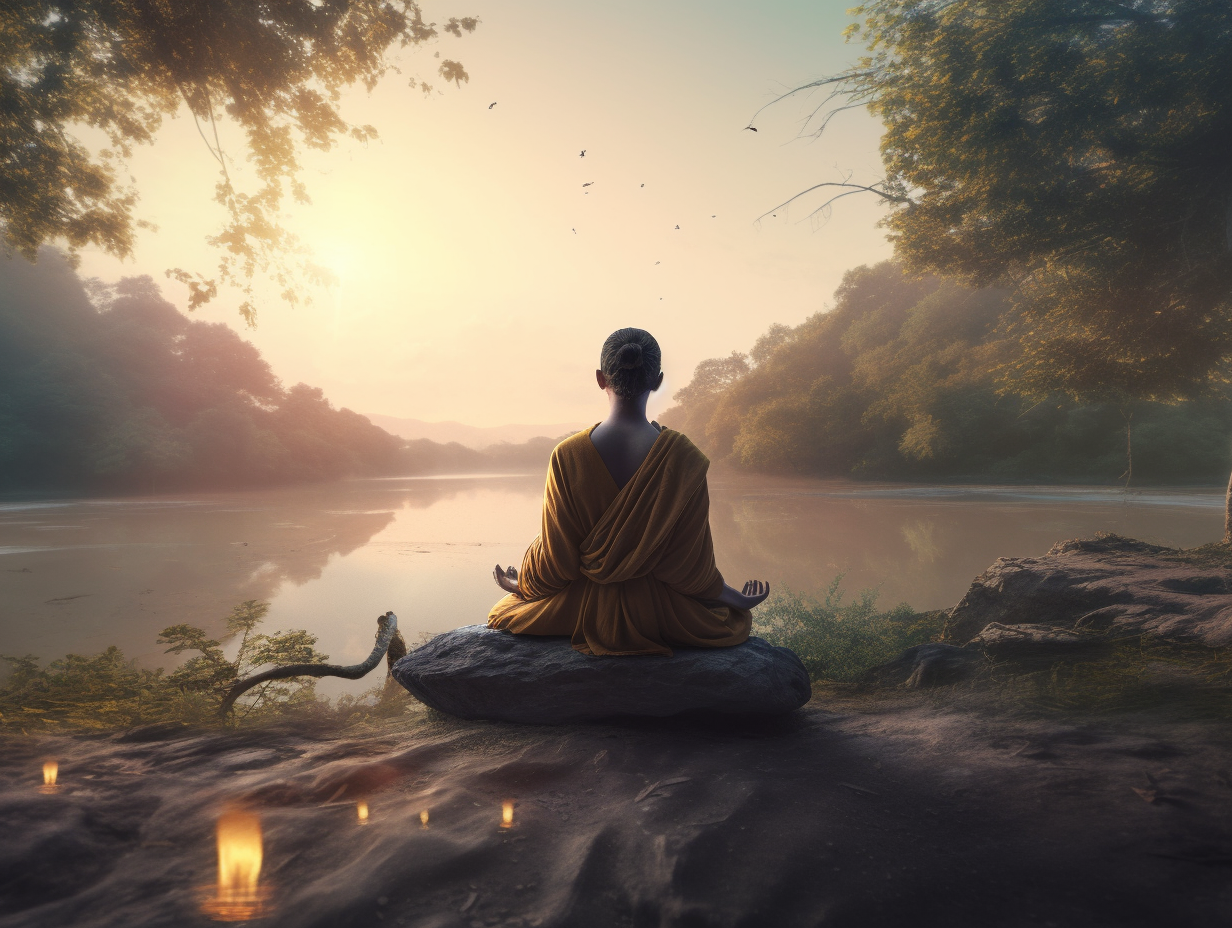 A buddhist monk is sitting on a rock and meditating.