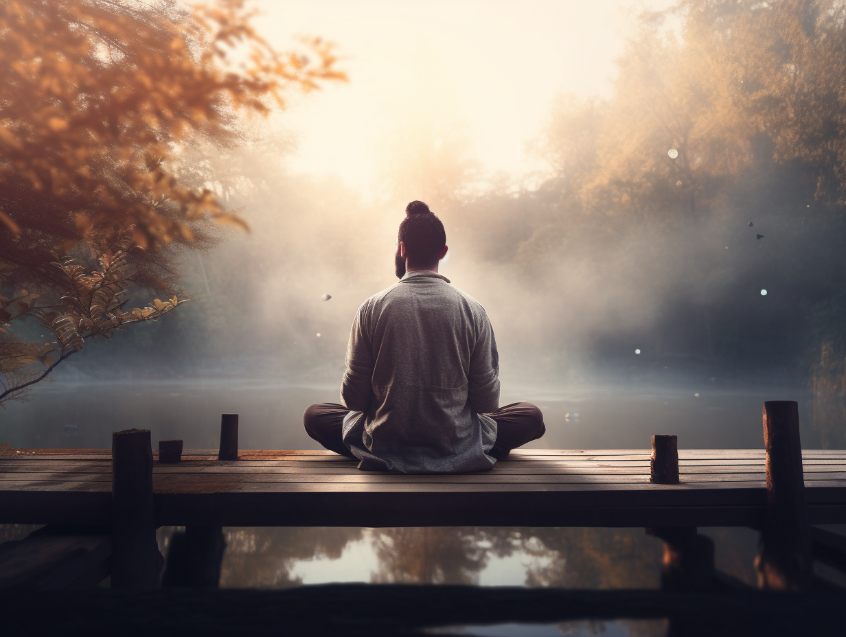 A man is sitting on a dock in a misty forest.