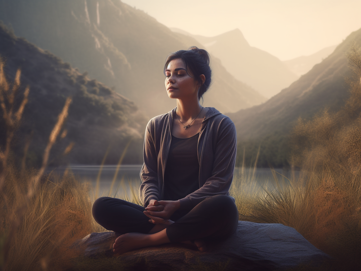 A woman meditating peacefully in the mountains, practicing the ancient art of meditation.