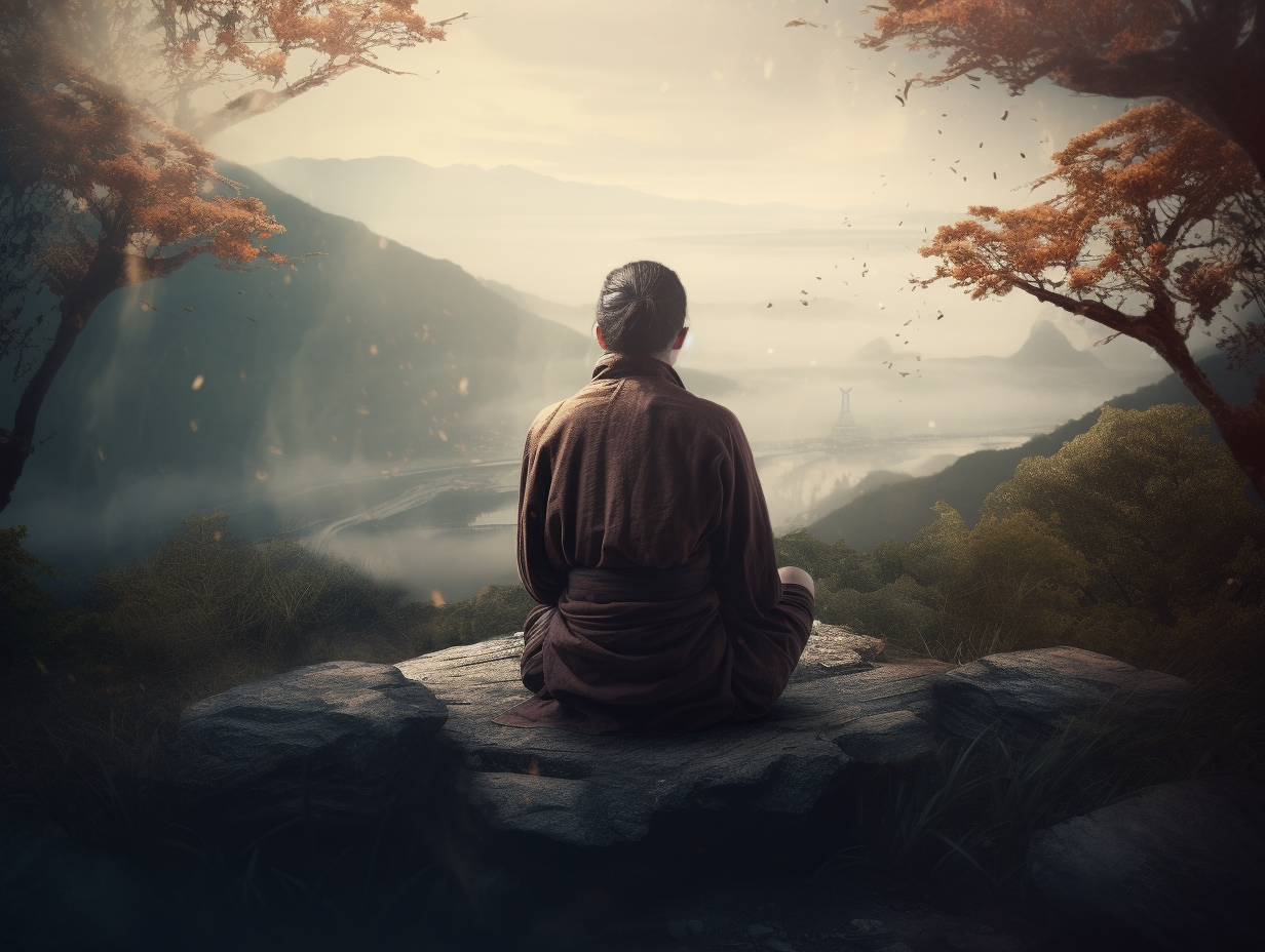 A man in a robe is sitting on a rock, peacefully meditating while gazing at the majestic mountains.