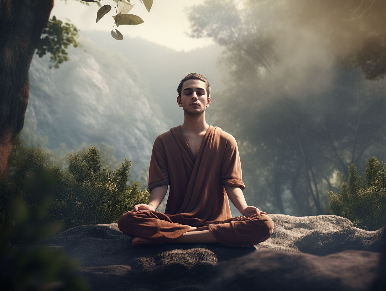 A man is meditating peacefully in the serene forest.