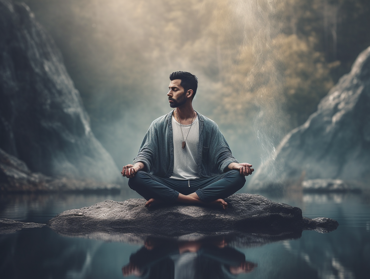 A man is meditating on a rock in a forest, seeking solace from his depression and anxiety.