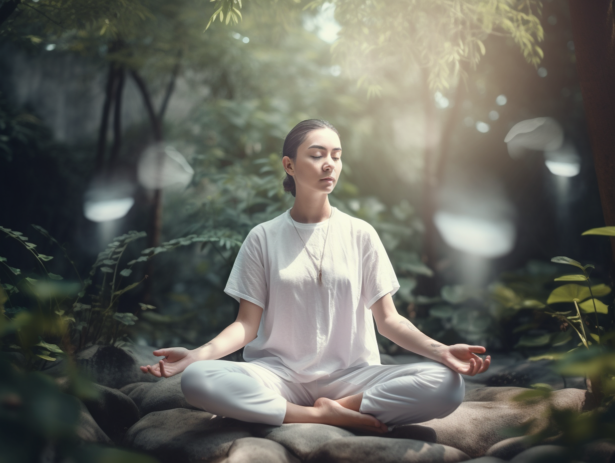 A woman is peacefully meditating in the forest, embracing the serene surroundings as she connects with her inner self.