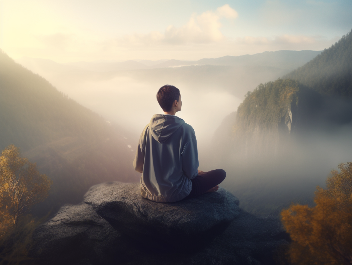 A man is sitting on top of a mountain, experiencing spiritual bliss and serenity while gazing at the fog.