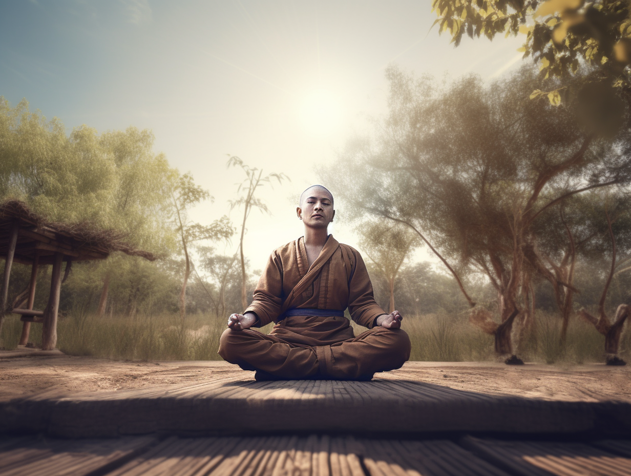 On a tranquil wooden platform nestled within a serene forest, a man finds solace through his meditative practice to alleviate the burdens of depression and anxiety.