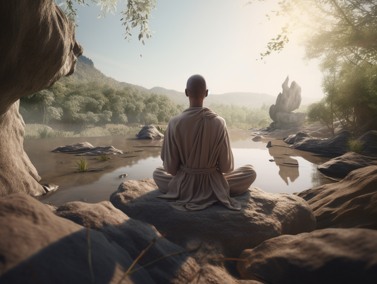 A meditating monk serenely sitting on rocks in a river, offering guidance on meditation for depression and anxiety.