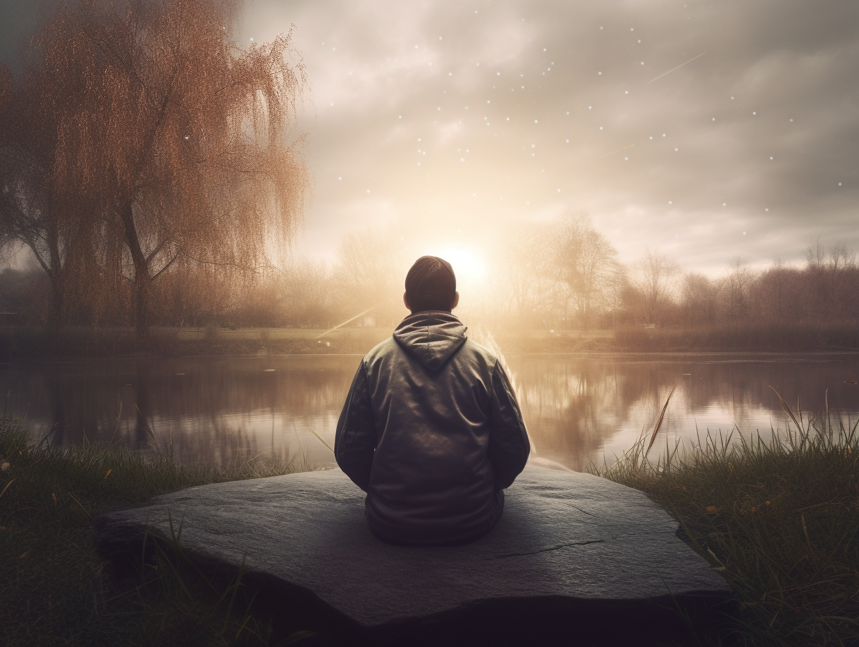 A man is sitting on a rock in front of a lake, peacefully contemplating how to meditate.