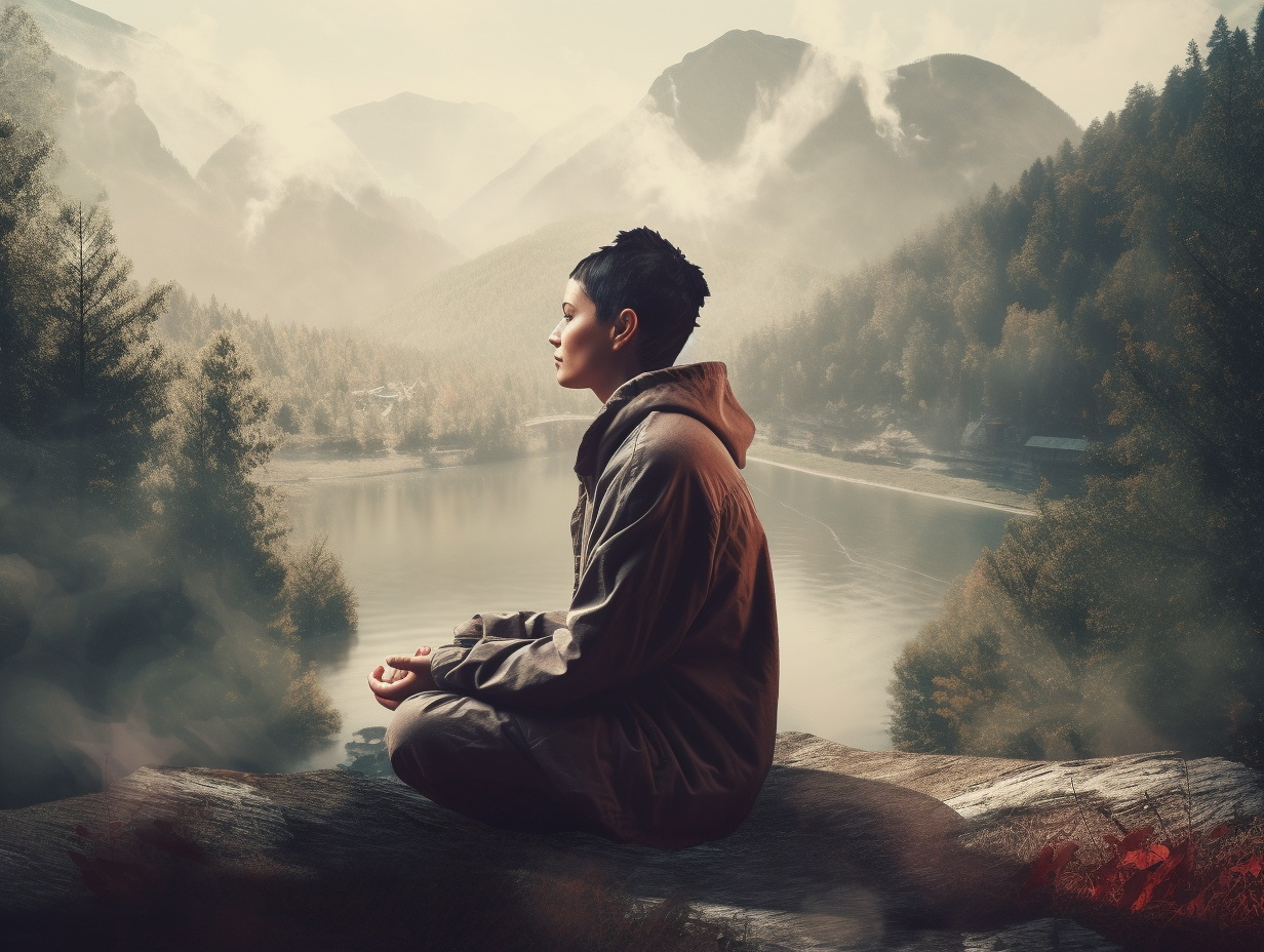 A woman is sitting on a log in the mountains, practicing meditation.