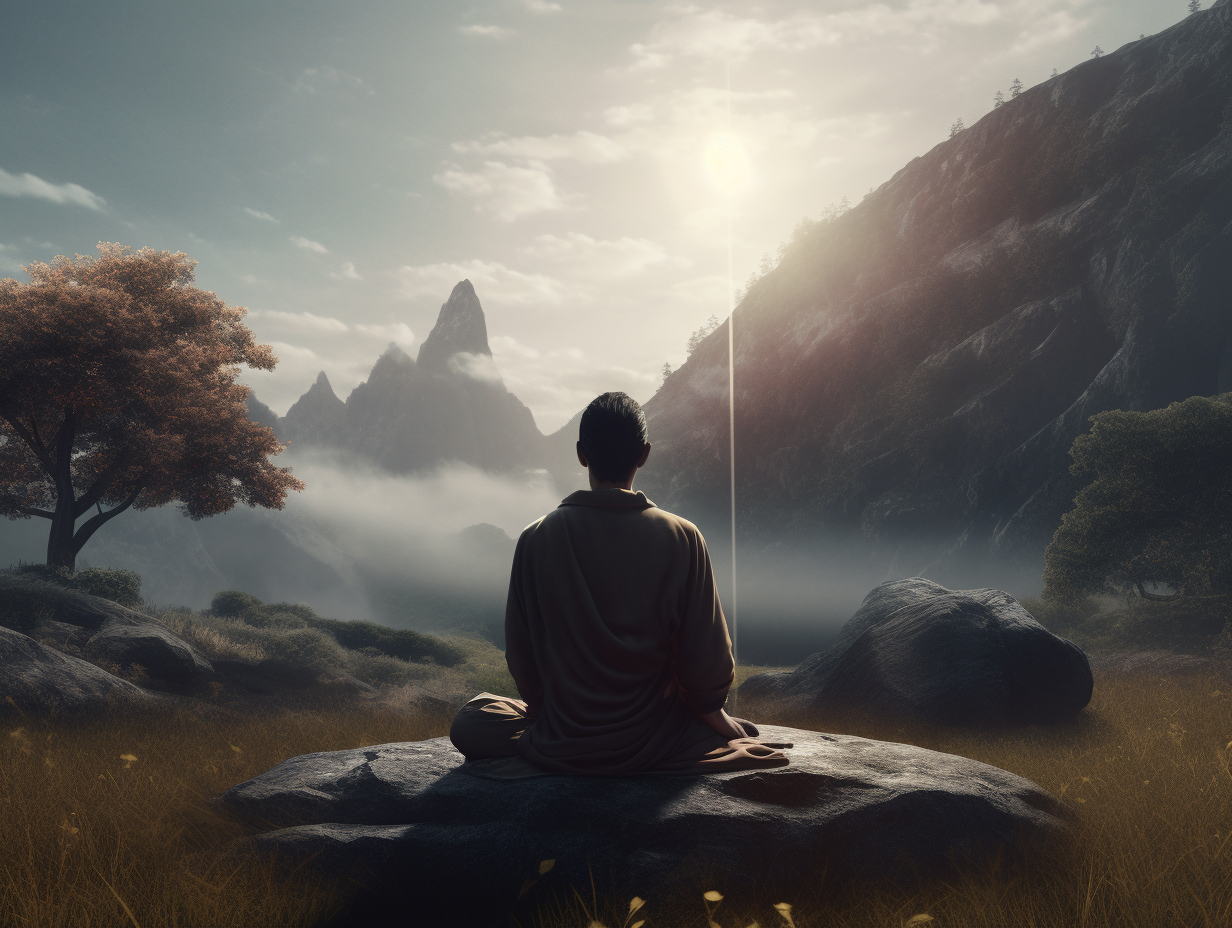 A serene buddha sitting on a rock in the middle of a field, embodying the art of meditation.