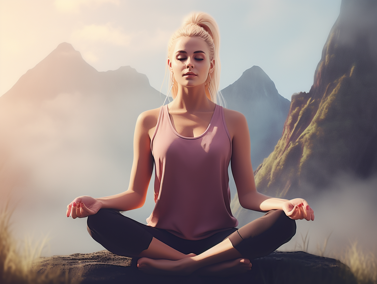 A woman is meditating in the mountains.